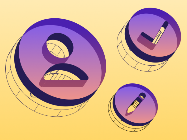 A graphic with three 3D icons representating a person, tick and pencil